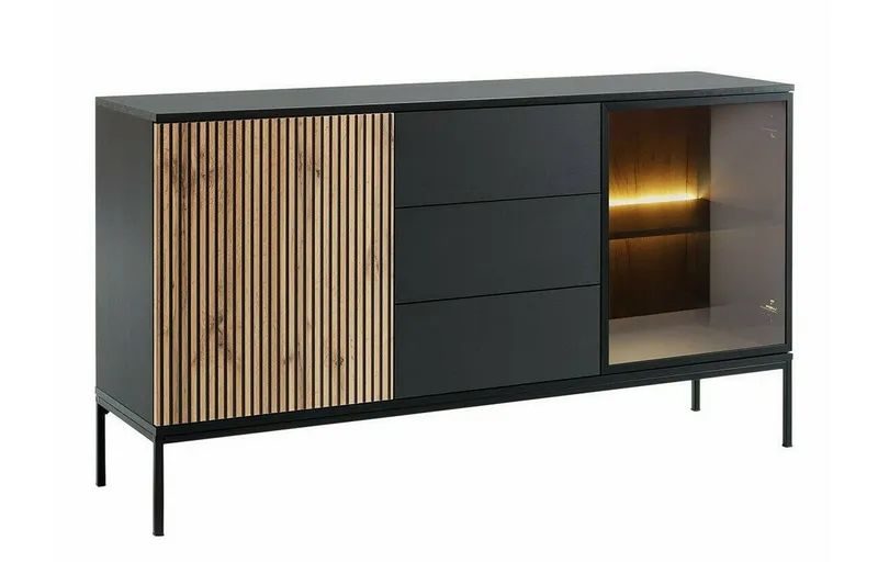 Klinkerville Lågt Vitrinskåp Display med belysning 39 cm djup - Svart Trä / Glas / Ribbad — Scandinavian Choice