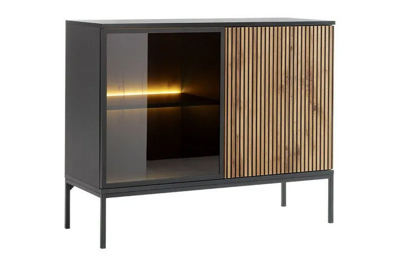 Klinkerville Lågt Vitrinskåp med belysning 39 cm djup 104 cm - Svart Trä / Glas / Ribbad — Scandinavian Choice