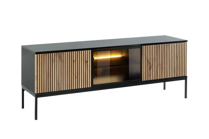 Klinkerville Tv bänk med belysning 39 cm djup 56 cm bred - Svart Trä / Glas / Ribbad — Scandinavian Choice