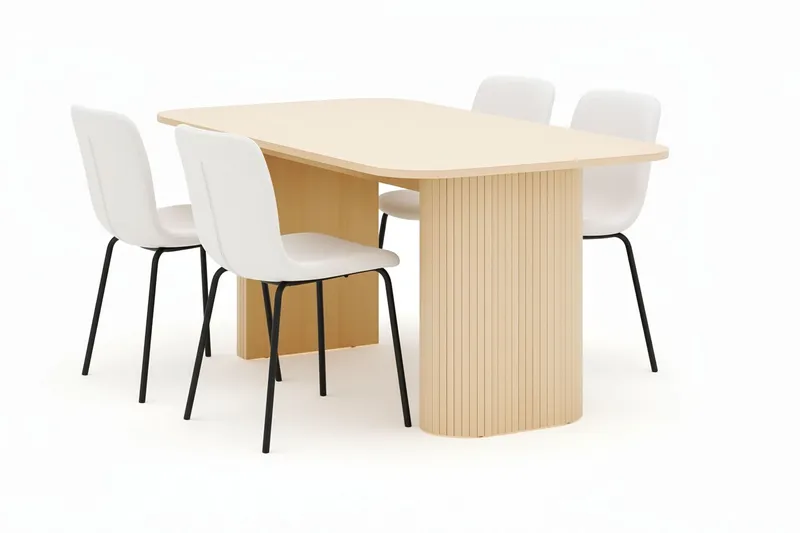 Kopparbo Matbord 160 cm med 4 Katy Matstolar - White / Vit Bouclé / Metallben Svart — Bark