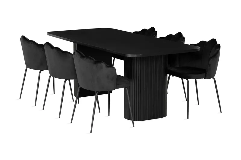 Kopparbo Matgrupp 200 cm inkl 6 Broddhult Stolar - Svart / Ribbade Ben — Bark