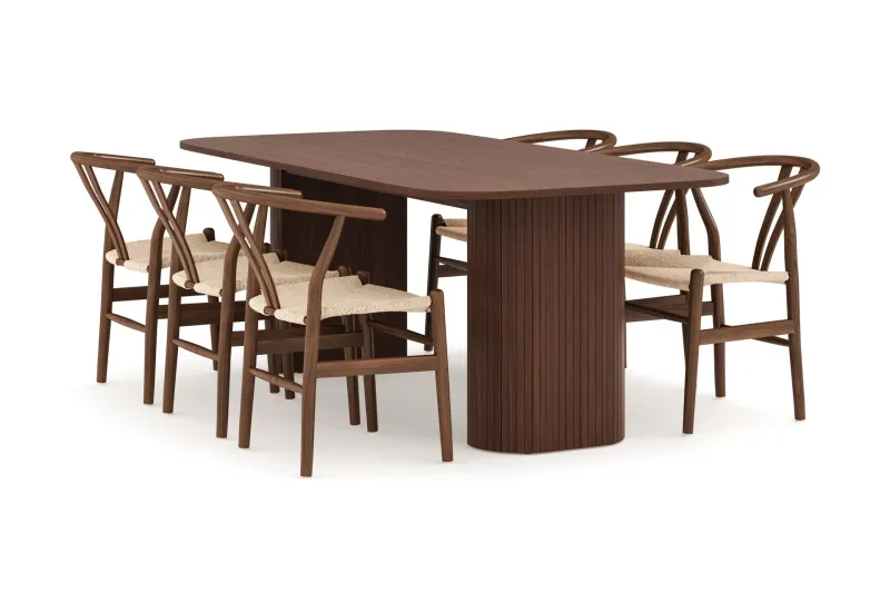 Kopparbo Matgrupp 200 cm med 6 Dastoori Matstol - Brun / Beige / Trä / Ribbad — Bark