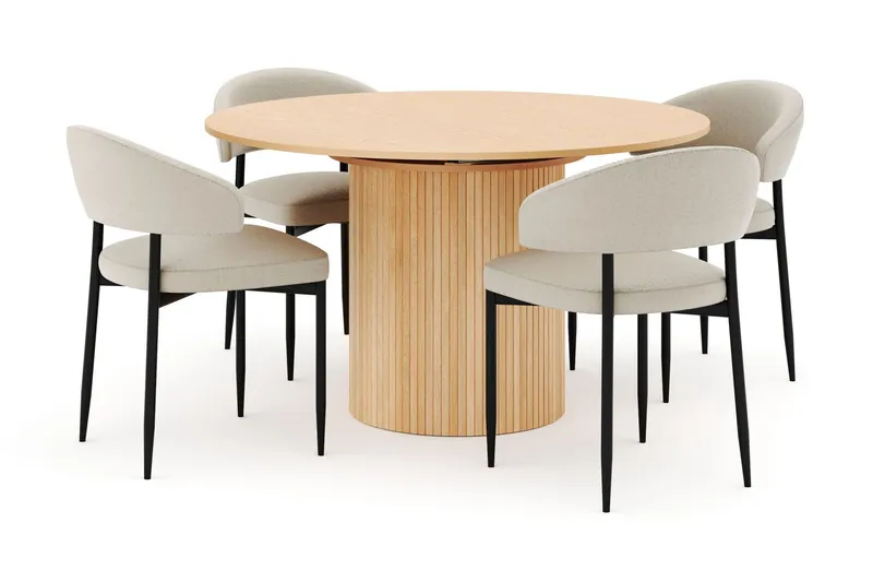 Kopparbo Runt Matbord 130 cm Förlängningsbart med 4 Sawako Stolar - Vit — Bark