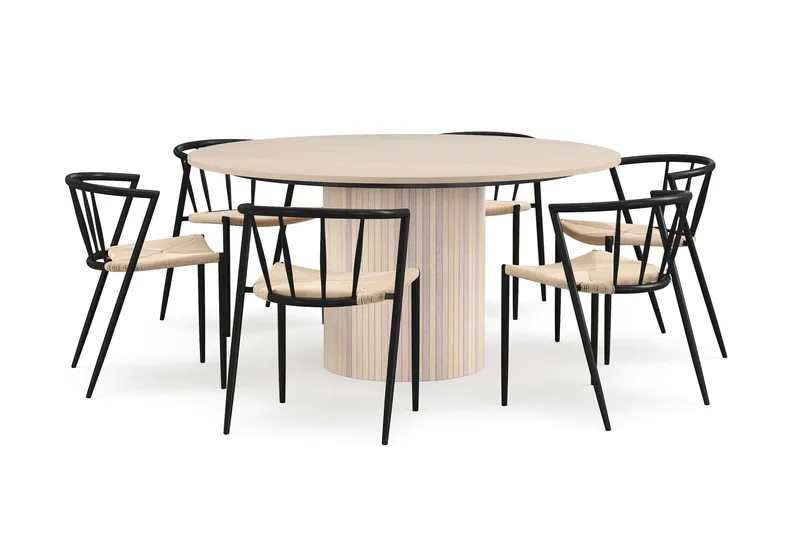 Kopparbo Runt Matbord 150 cm med 6 Winston Matstolar - Vit / Beige / Metallben Svart — Bark