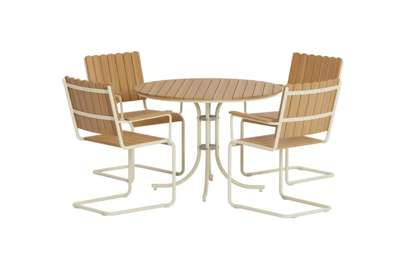 Kullaberg rund matgrupp utomhus med 4 stolar 104 cm stål aintwood - Beige — Comfort Garden