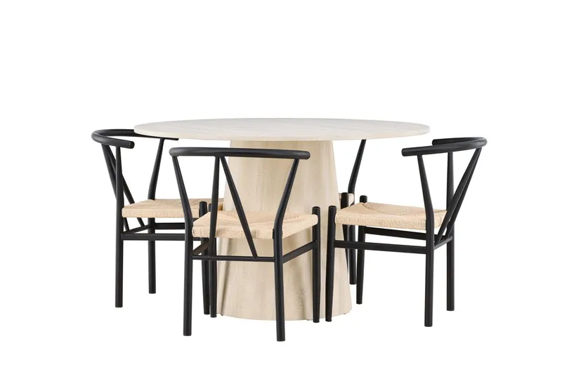 Lanzo Matgrupp 120 cm Rund med 4 Alfons stolar - Whitewash/Svart — Venture Home
