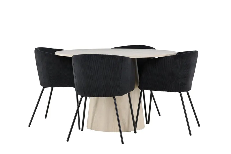 Lanzo Matgrupp 120 cm Rund med 4 Berit stolar - Whitewash/Svart — Venture Home