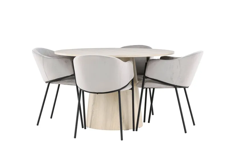 Lanzo Matgrupp 120 cm Rund med 4 Evelina stolar - Whitewash/Grå — Venture Home