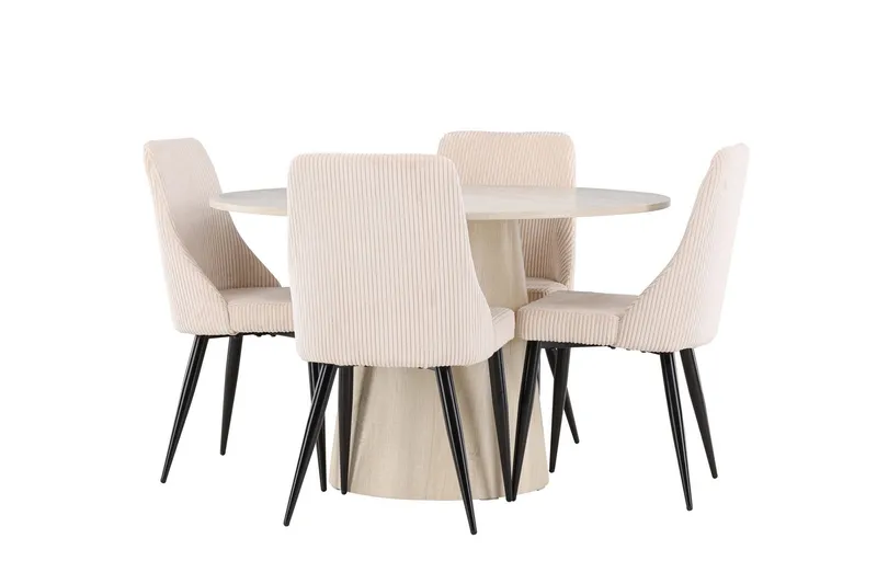 Lanzo Matgrupp 120 cm Rund med 4 Leone stolar - Whitewash/Beige — Venture Home