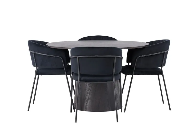 Lanzo Matgrupp 120 cm Rund med 4 Selma Stolar - Svart — Venture Home
