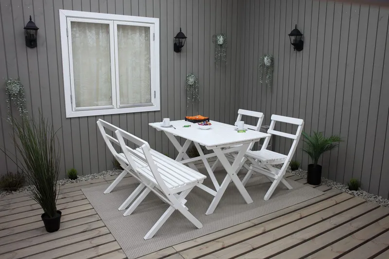 Larios Matgrupp Utomhus + 2 Ihoppfällbara Utestolar + Bänk Utomhus - Vit — Cortland
