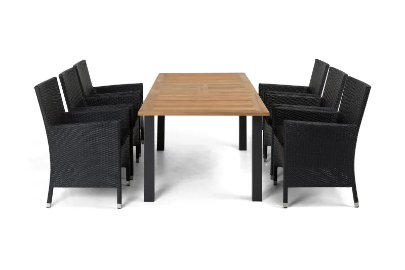 Las Vegas Matgrupp Utomhus 152-210 + 6 Thor Fåtölj - Svart/Teak/Svart — Comfort Garden