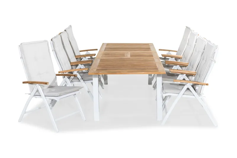 Las Vegas Matgrupp Utomhus 220-280x100+ 8 Positionsstol Lyx Stol m D - Teak/Vit — Teak/Vit