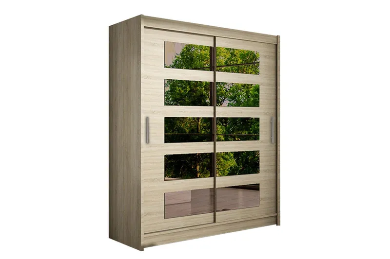 Leila Garderob 150 cm Skjutdörrar Delad Spegel - Beige/Trä/Natur — Beige/Trä/Natur