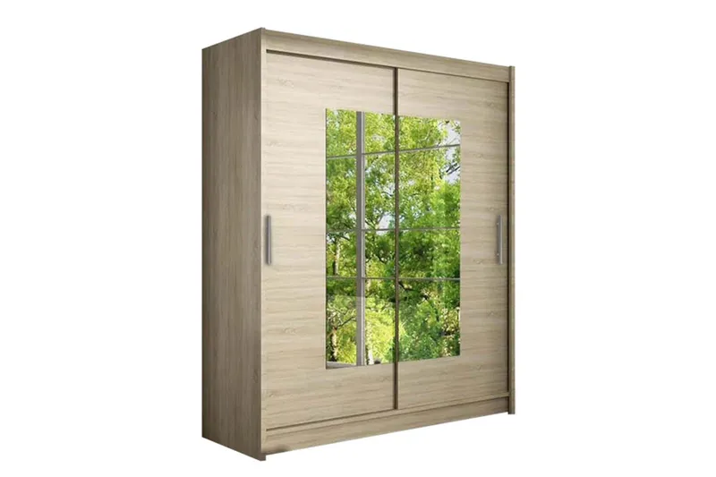 Leila Garderob Skjutdörrar Smal Fyrkantig Spegel - Beige/Trä/Natur (Art.nr 297933) — Beige/Trä/Natur