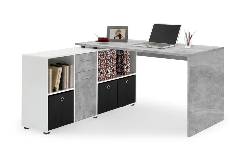 Lexo Hörnskrivbord 136 cm med Justerbar Hylla - Betong — Betong