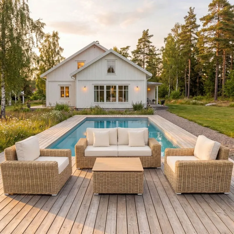 Loungegrupp i rotting | Soffa, fåtöljer & bord | Dynor ingår | Solena premium — outl1.se