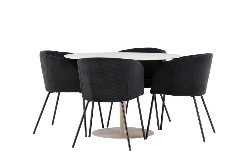 Lycke Matgrupp 110 cm Rund med 4 Berit stolar - Beige/Svart — Venture Home