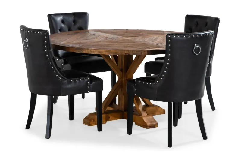 Lyon Matgrupp 150 cm Rund med 4 Tuva Fåtölj - Vintage Alm/Svart PU — Bloomington