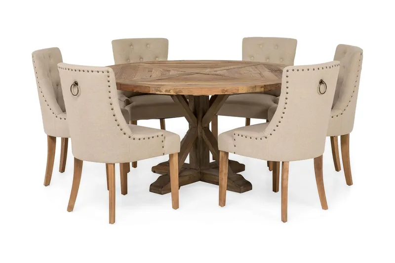 Lyon Matgrupp Ø150 cm Rund med 6 st Viktoria Stolar - Vintage Alm/Beige — Bloomington