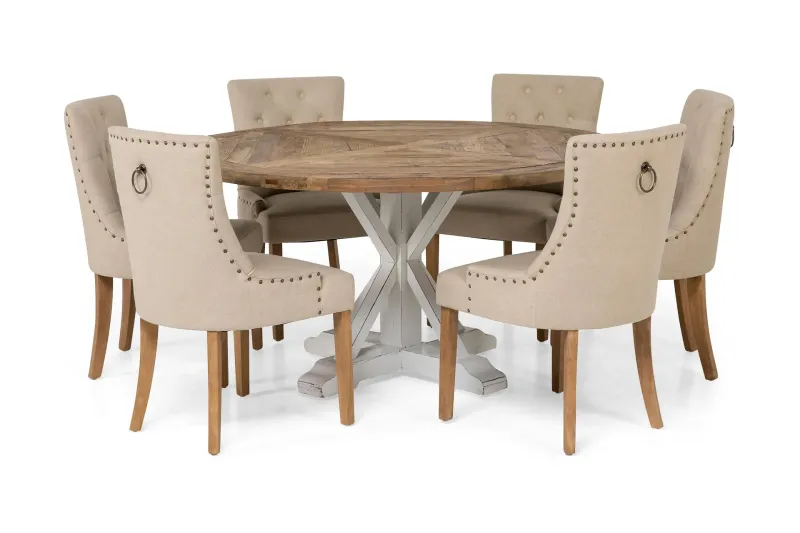 Lyon Matgrupp Ø150 cm Rund med 6 st Viktoria Stolar - Vintage Natur / Vit / Beige — Bloomington
