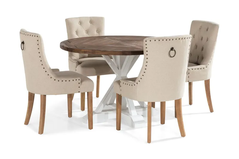 Lyon Matgrupp Rund med 4 st Viktoria Fåtölj - Trä/Vit/Beige — Bloomington