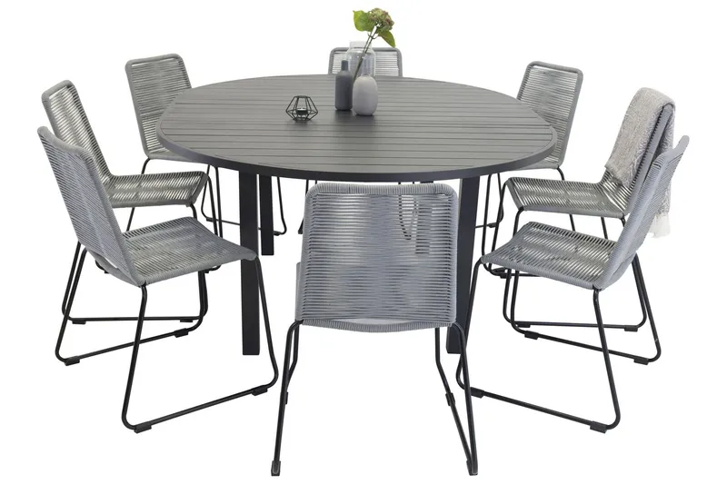 Marbella Matgrupp Utomhus 140 cm Rund med 8 Lindos Utestolar - Svart — Venture Home