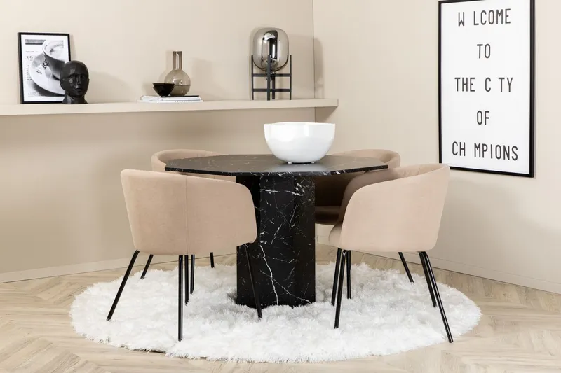 Marbs Matgrupp 110 cm Rund inkl 4 Berita Stolar - Svart/Beige — Venture Home