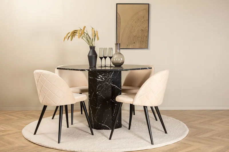 Marbs Matgrupp 110 cm Rund med 4 Velvet stolar - Beige (Art.nr 3059266) — Venture Home
