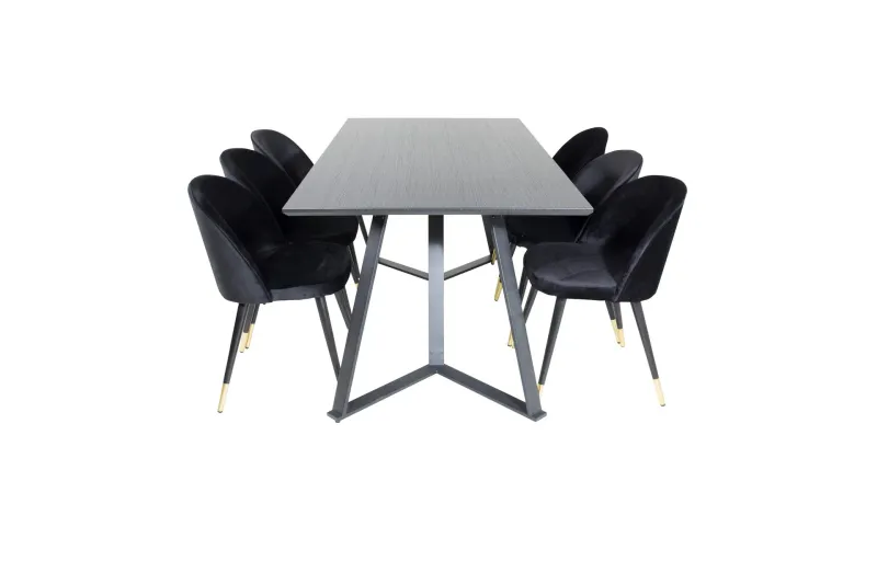 Marina Matgrupp 180 cm Rektangulär med 6 Velvet stolar - Svart/Guld — Venture Home