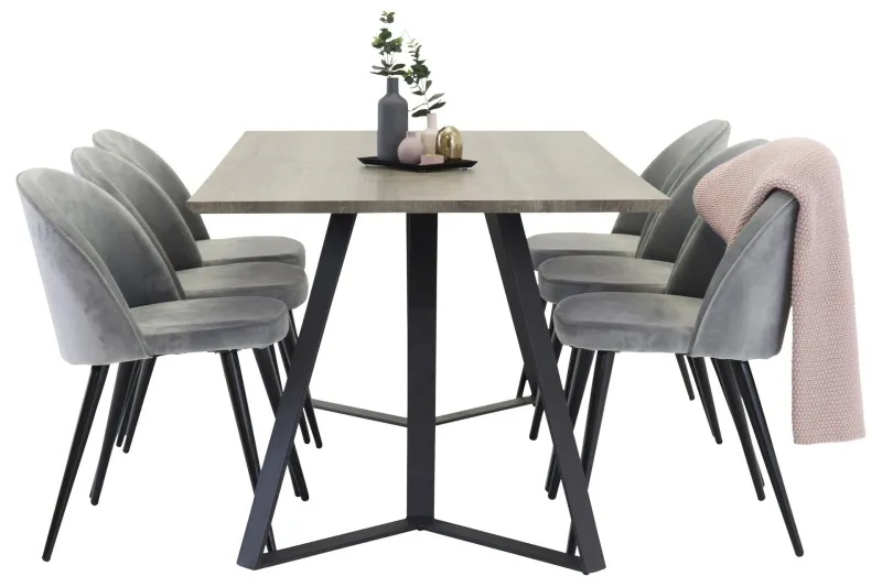 Marina Matgrupp 180 cm Rektangulärt med 6 Velvet Sammet Matstolar - Svart / Grå / Brun — Venture Home