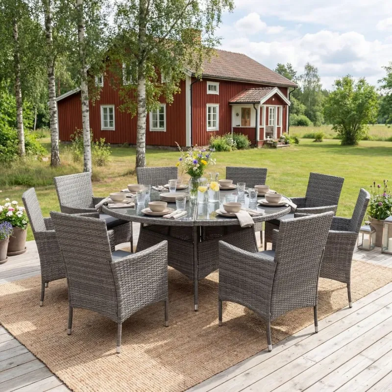 Matgrupp med 8 platser | Runt bord Ø170 cm & 8 stolar med dynor | Tylösand grå — outl1.se