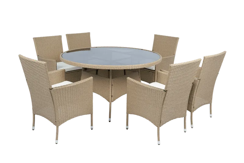 Matgrupp Tylösand Natur – 6 platser \| Runt bord Ø135 cm & 6 stolar med dynor