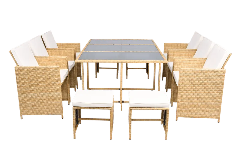 Matgrupp/Utegrupp 10 platser \| 6 Stolar & 4 Pallar \| Skärhamn beige