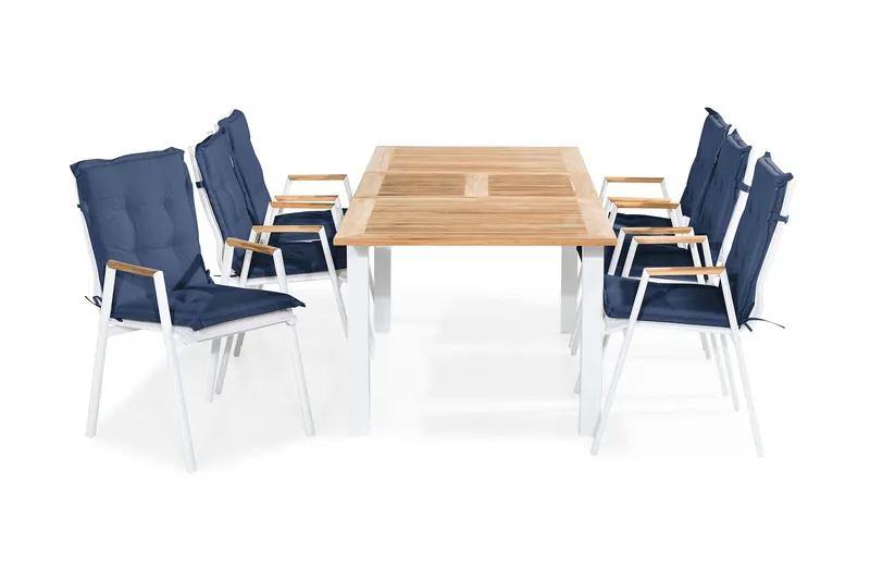Matgrupp Utomhus Las Vegas 152-210x90 + 6 Karmstolar m Dyna - Vit|Teak|Blå — Vit|Teak|Blå