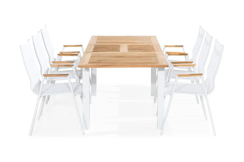 Matgrupp Utomhus Las Vegas 152-210x90 + 6 Karmstolar - Teak/Vit — deNoord