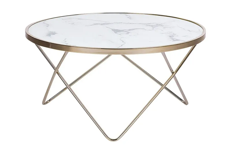 Meerah Soffbord 80 cm Runt Marmormönster - Glas/Vit/Guld — Glas/Vit/Guld