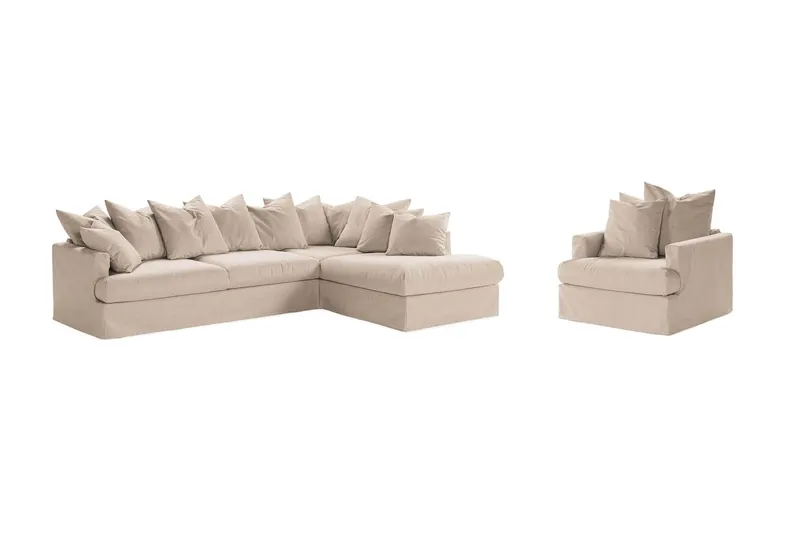 Menard Soffgrupp 4-sits Högervänd L-formad Schäslongsoffa + Fåtölj i Tyg - Beige — Scandi Days