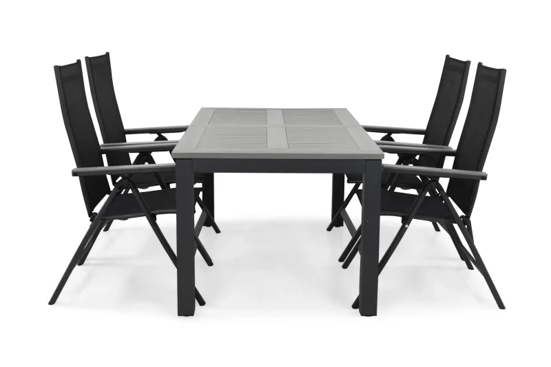 Monaco Matgrupp Utomhus 152-210 + 4 Positionsstol - Svart/Grå — Comfort Garden