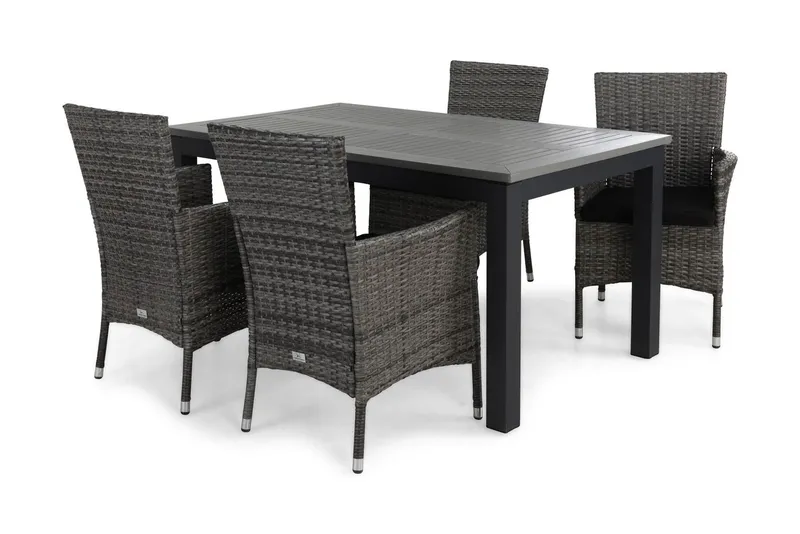 Monaco Matgrupp Utomhus 152-210 + 4 Thor Fåtölj m Dyna - Svart/Grå/Svart — Comfort Garden