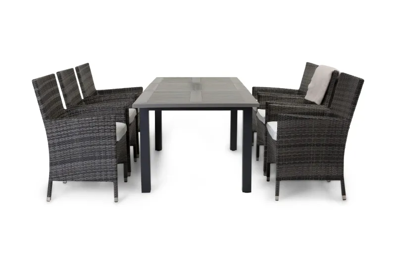 Monaco Matgrupp Utomhus 152-210 + 6 Thor Fåtölj - Svart/Grå — Comfort Garden