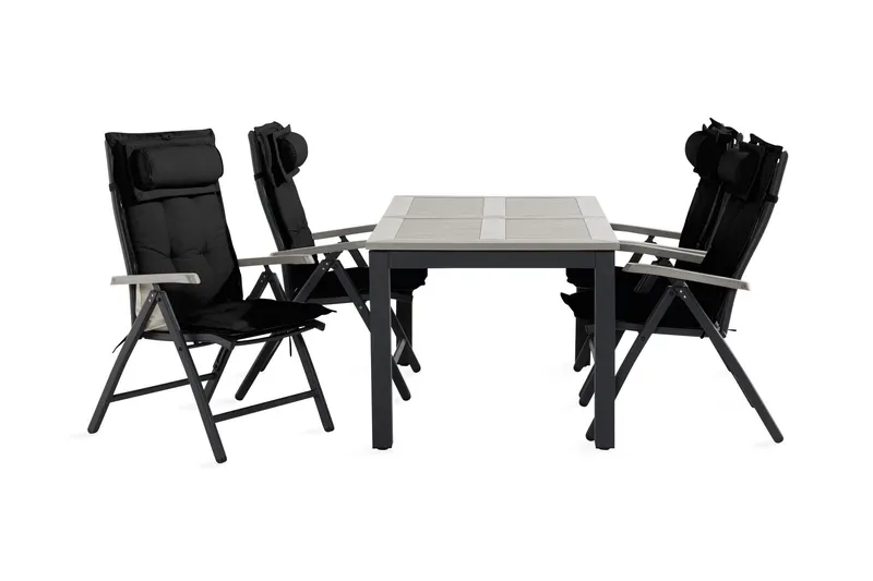 Monaco Matgrupp Utomhus 90x152-210 + 4 Positionsstolar m Dyna - Svart/Grå (Art.nr 318346) — Comfort Garden