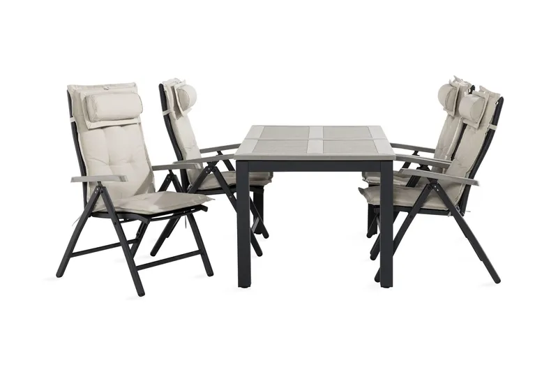 Monaco Matgrupp Utomhus 90x152-210 + 4 Positionsstolar m Dyna - Svart/Grå/Offwhite — Comfort Garden
