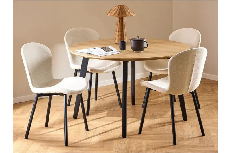 Motona Matgrupp Rund 120 cm + 4 st Amrita Matstolar - Svart/Beige — Svart/Beige