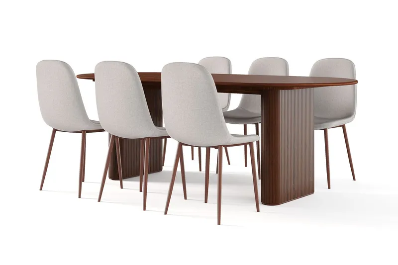 Noira Ovalt Matbord 220 cm Valnöt + 6 st Nibe stol beige med valnöt ben - Brun/Beige — Bark
