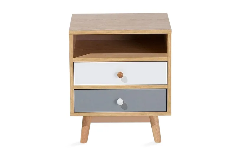 Peinmore Sängbord 40 cm med Förvaring 2 Lådor + Hylla - Brun/Vit/Grå — Brun/Vit/Grå