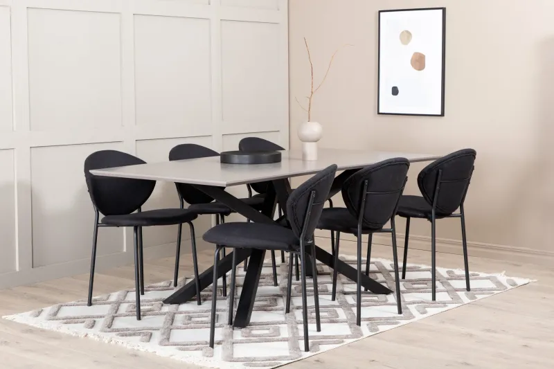 Penny Matgrupp 190 cm inkl 6 Moncoll Stolar - Grå/Svart — Venture Home