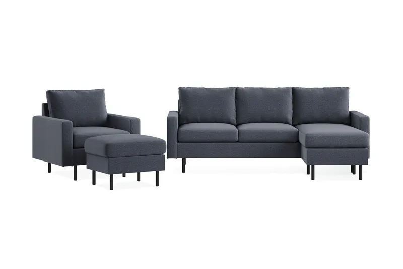 Peppe Soffgrupp 3-sits Vändbar L-formad Divansoffa + Fåtölj + Fotpall i Tyg - Mörkgrå — Scandinavian Choice