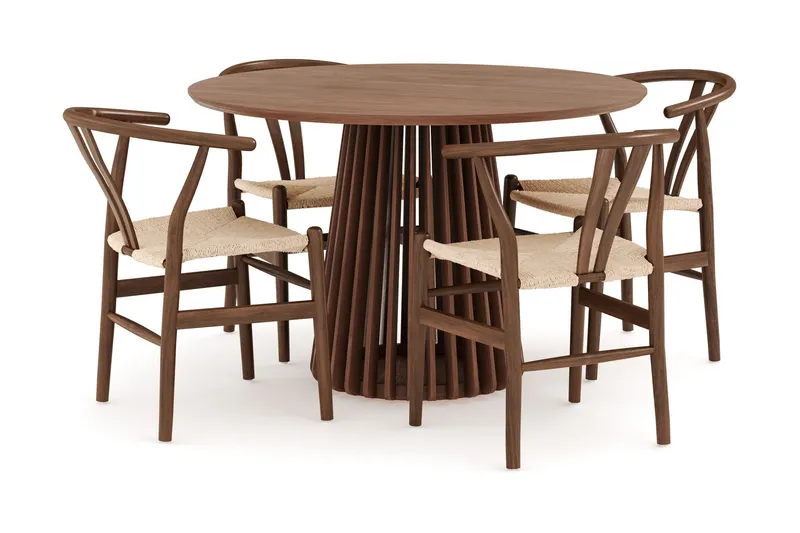 Peyra Matgrupp 120 cm Rund med 4 Dastoori Matstolar - Valnöt / Brun / Beige — Bark