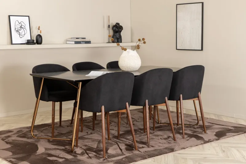 Pipi Matgrupp 190 cm inkl 6 Kullersbro Stolar - Svart/Koppar/Brun — Venture Home